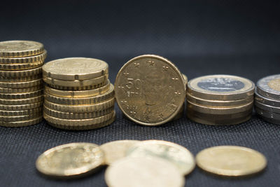 Close-up of coins on table