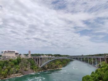 Bridge over river against sky in city