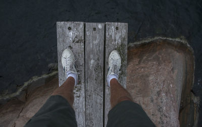 Low section of person standing on wood