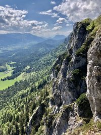 Scenic view from above over landscape and mountains against sky