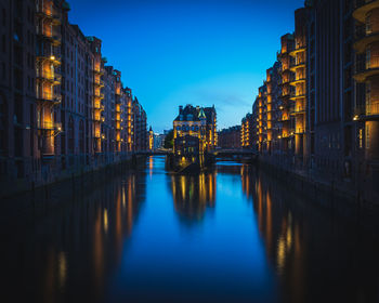 Bridge over river in city at night