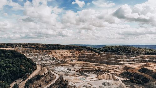 High angle view of landscape against cloudy sky