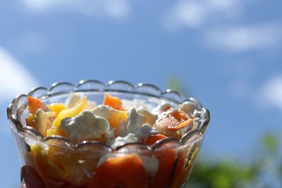 Close-up of fruit bowl against sky