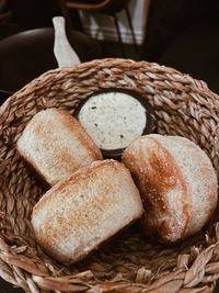 Close-up of bread in the basket served in a restaurant 