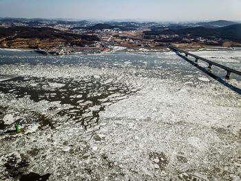 High angle view of snow covered land