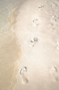 High angle view of footprints on beach