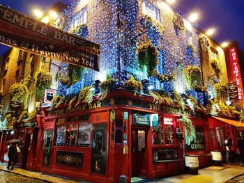 Illuminated christmas lights and trees at night