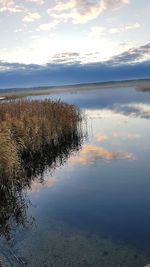 Scenic view of lake against sky at sunset