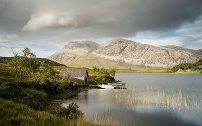 Scenic view of lake and mountains against sky