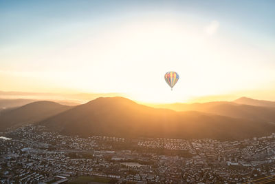 View of hot air balloon in city