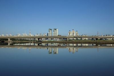 Reflection of building in river against clear blue sky