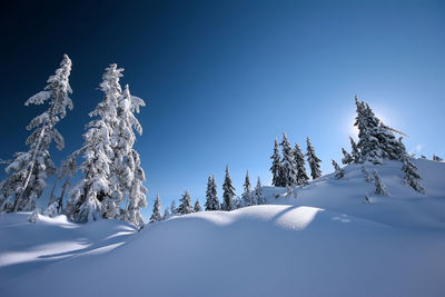 Low angle view of snow covered landscape against clear blue sky