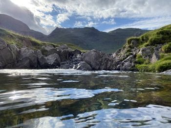 Scenic view of river and mountains
