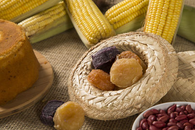 High angle view of eggs in basket on table