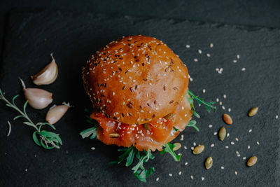 High angle view of burger on table