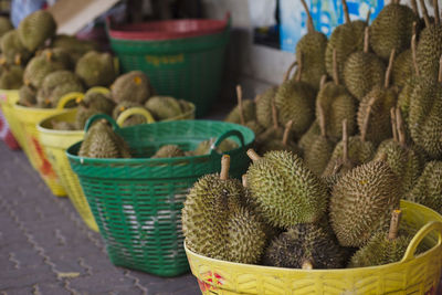 Durian in basket at a local market in thailand