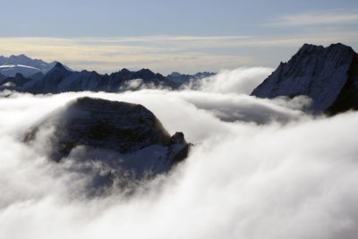 Scenic view of snow covered mountains against sky