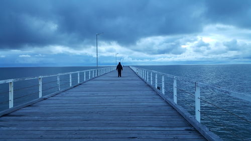 Rear view of man on jetty against sea