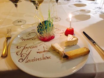 High angle view of dessert in plate on table