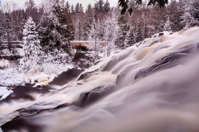 Scenic view of waterfall in forest during winter