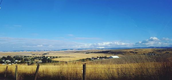 Scenic view of field against blue sky