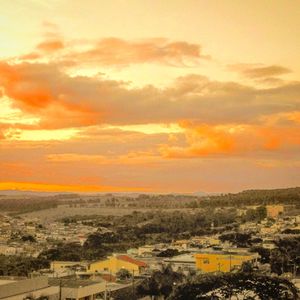 High angle view of townscape against sky during sunset