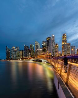 Illuminated buildings by river against sky in city