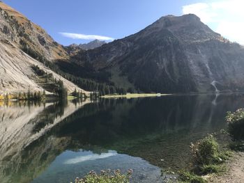 Scenic view of lake by mountains against sky