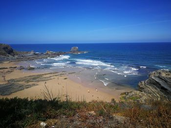 Scenic view of sea against clear blue sky