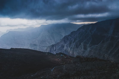 Scenic view of mountains against sky during winter