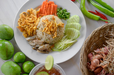 High angle view of meal served on table