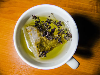 High angle view of soup in bowl on table