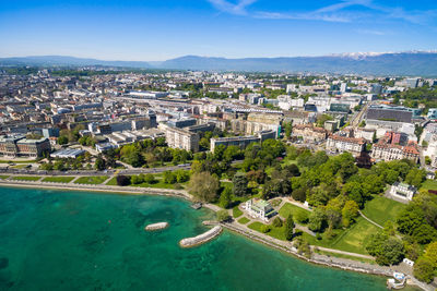 High angle view of buildings in city