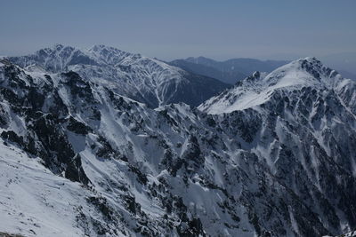 Scenic view of snowcapped mountains against clear sky