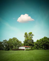 House amidst trees and plants on field against sky