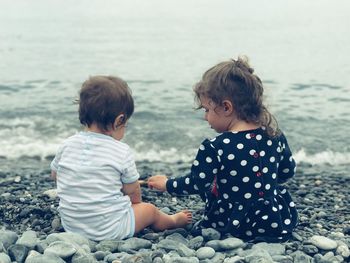 Rear view of siblings sitting on shore