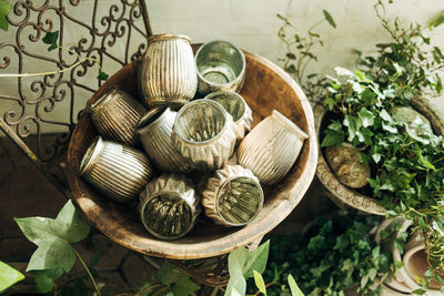 Glass vases in wooden bowl