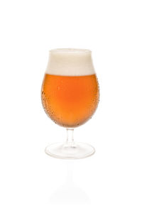 Close-up of beer glass against white background