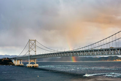 Suspension bridge over sea and rainbow against moody sky during sunset