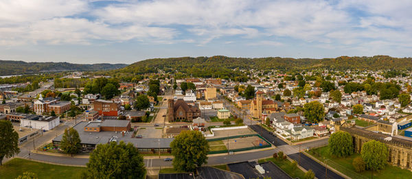 High angle shot of townscape against sky