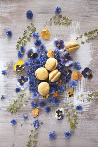 High angle view of various flowers on table