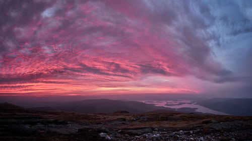 Scenic view of landscape against dramatic sky during sunset