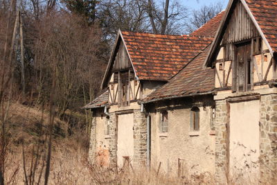 Exterior of abandoned house by trees