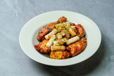 High angle view of food in plate on table