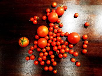 High angle view of cherry tomatoes on table