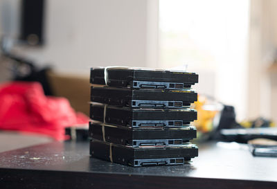 Close-up of stack of books on table