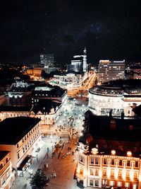 High angle view of illuminated buildings in city at night. kazan