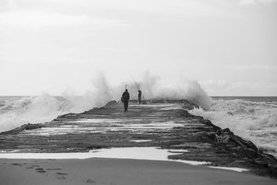 Rear view of people on beach against sky