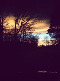 Silhouette of bare trees against sky at sunset