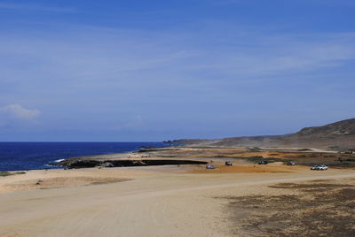 Scenic view of beach against blue sky